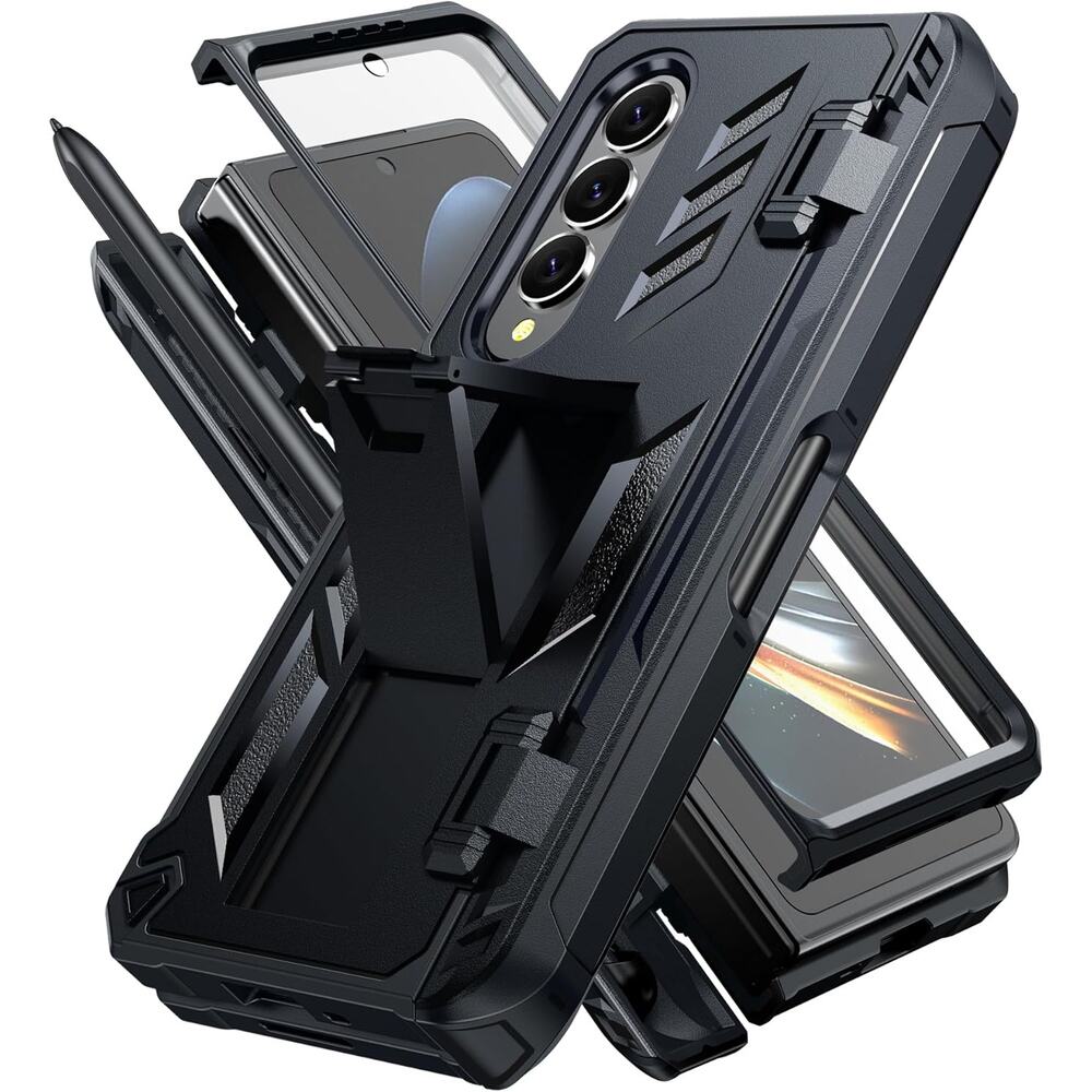 New Samsung Galaxy Z-Fold-4 Heavy Duty Shockproof Case with S-Pen Holder Black